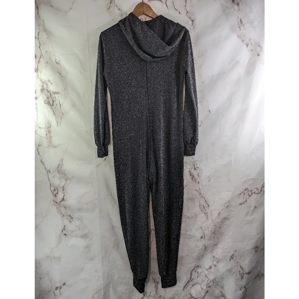Savage Fenty Jumpsuit Womens Small Black Sparkle Glitter Hooded Sleep And Shine